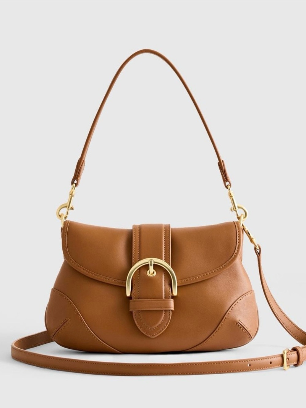 Quince Tan Leather Crossbody with Gold Buckle Accent